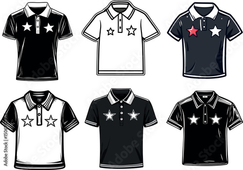 Collection of polo shirts with star design isolated on white background