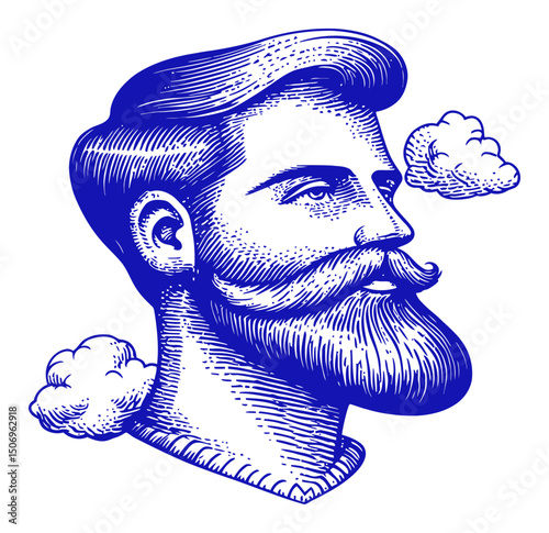 Vintage Engraving of a Stylish Man with Beard and Hair Design
