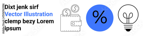 Wallet holding coins, percentage sign, and lightbulb symbolize finance, savings, creative ideas, and innovation. Ideal for banking, startups, budgeting loans fintech creativity simple landing