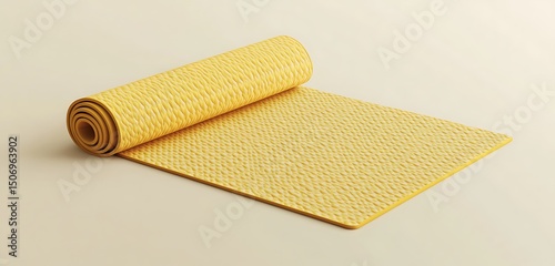 Glossy yellow yoga mat with subtle patterns placed on a neutral beige background