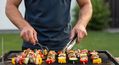 Man grilling colorful vegetable skewers on barbecue in backyard, summer outdoor cooking and healthy food concept.