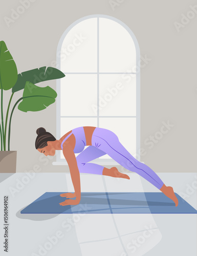 Woman doing yoga in purple suit. Vector illustration.