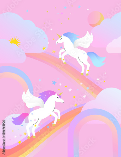 Cute unicornі riding a rainbow. Illustration with a unicorn, moon and rainbow on the background.