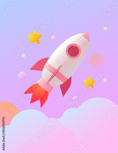 Bright rocket takes off into the sky with clouds