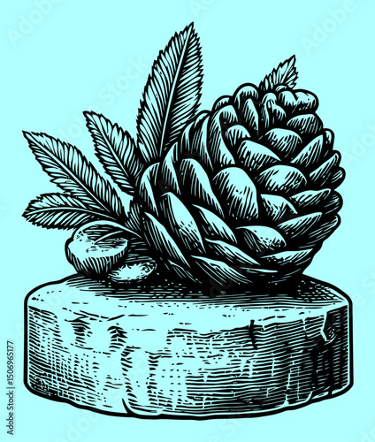 Detailed Black and White Engraving of a Pinecone on Wood Base