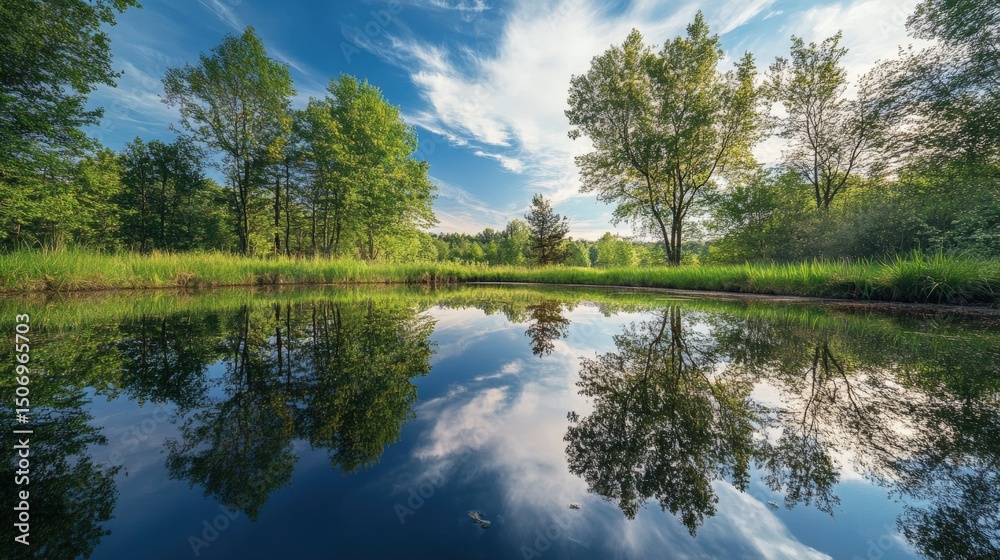 Obraz premium Serene landscape with clear reflections in a tranquil pond at midday under a blue sky surrounded by lush greenery