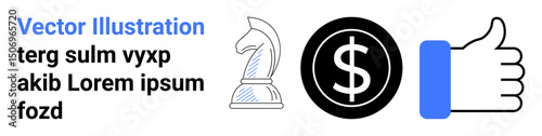 Chess knight, black dollar coin, and thumbs-up gesture symbolizing strategic thinking, financial focus, and positive approval. Ideal for business, planning, investment, decision-making marketing