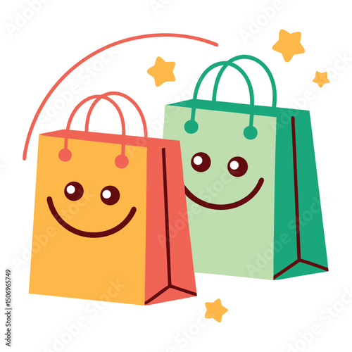 Cute colorful shopping bags with smiling faces and stars vector illustration.