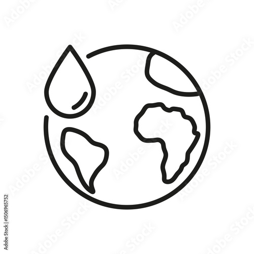 Earth With Water Drop Line Icon. Global Water Conservation And Environmental Protection Outline Symbol. Sustainable Resource Management. Editable Stroke. Isolated Vector Illustration