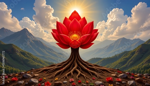 an artistic representation of the root chakra (muladhara) as a red lotus with four petals, grounded in nature, with mountains and earth elements.