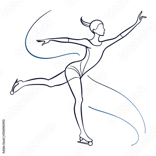 Elegant figure skating woman line art graphic isolated on white background.
