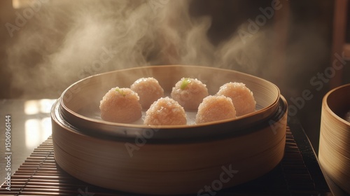 Cinematic close-up, warm inviting light. An artful arrangement showcasingthree distinct Hunan steamed dishes,