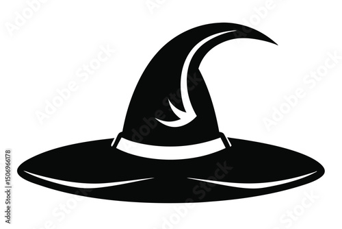 Black and White Silhouette of a Witch's Hat with Curved Brim and Point