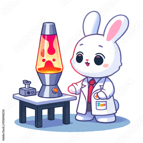 Cartoon Rabbit Scientist with Lab Coat Examining a Lava Lamp on Table Illustration