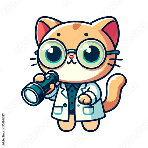 Cartoon Cat Scientist In Lab Coat And Glasses Holding Telescope On White Background