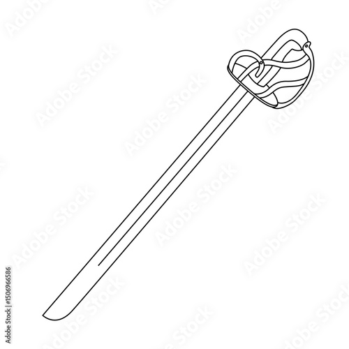 Basket hilted saber with a slightly curved blade. Hand drawn outline illustration in doodle style, perfect for coloring books or historical weapon collections