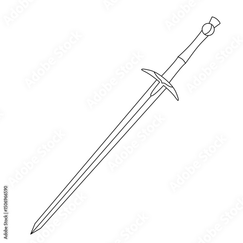 Black outline longsword illustration with elegant curved hilt. Hand drawn medieval weapon design for coloring pages, fantasy decor or historical projects