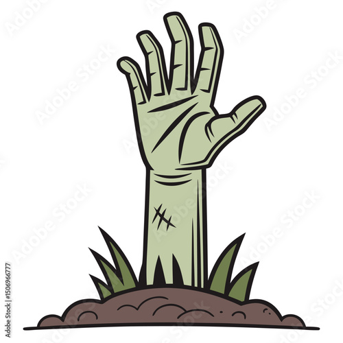 Zombie hand rising from grave illustration cartoon halloween horror graphic.