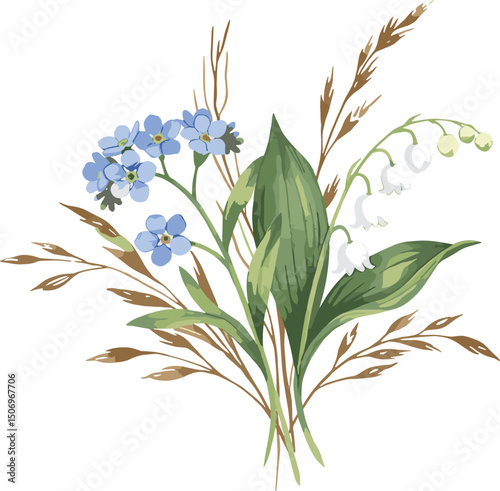 Blue forget-me-nots, white lilies of the valley, dried and wild herbs. Watercolor illustration of a bouquet of flowers, perfect for eco-branding, packaging