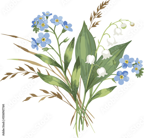 Blue forget-me-nots, white lilies of the valley, dried and wild herbs. Watercolor illustration of a bouquet of flowers, perfect for eco-branding, packaging