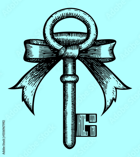 Vintage Key Illustration with Ribbon in Engraving Style for Crafts