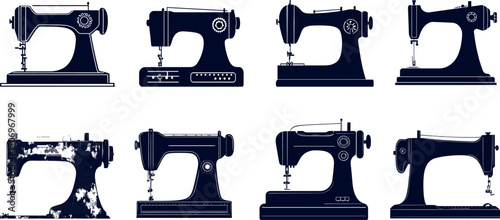 Collection of vintage sewing machines isolated on white background