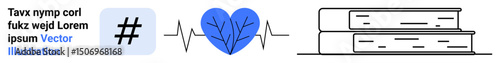 metadata tag, heartbeat with blue heart, and stack of books emphasizing social media, health awareness, and education. Ideal for social trends, research, learning, content creation mindfulness