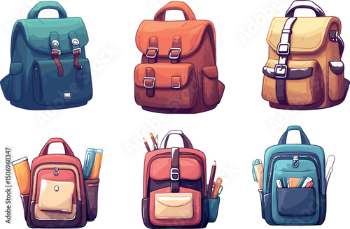 Colorful backpacks isolated on white background, school and travel