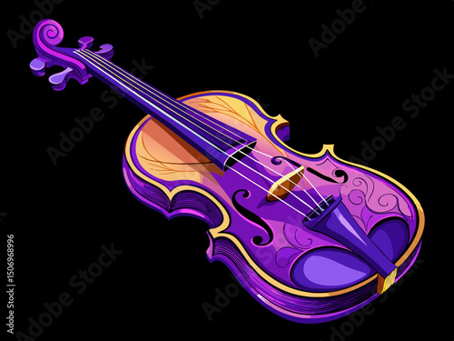 vector of Ornate purple violin, musical instrument, wood texture, transparent cut on black background...