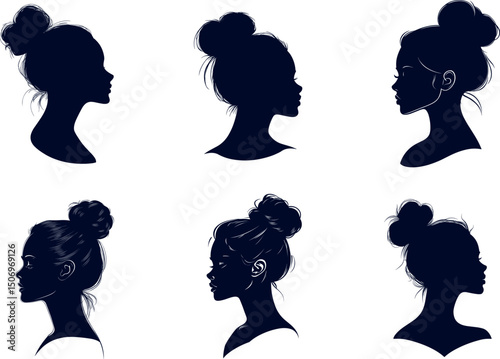 Silhouettes of women with hair bun isolated on white background