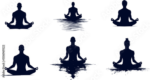 Yoga meditation poses silhouettes isolated on white background