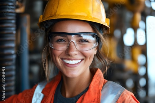 Wallpaper Mural Female engineer smiling and wearing safety glasses and hardhat in industrial environment Torontodigital.ca