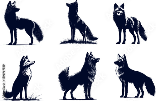Fox silhouettes isolated on white background in various poses