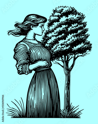 Elegant Engraving of Woman with Tree in Vintage Linocut Style