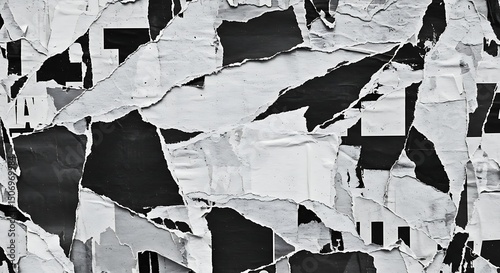 Abstract Grunge Texture: A high-angle view of torn posters in shades of black and gray creates a striking texture, evoking a sense of history, urban decay, and abstract art.