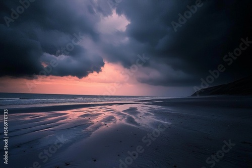 A somber coastal scene with a gloomy atmosphere.
