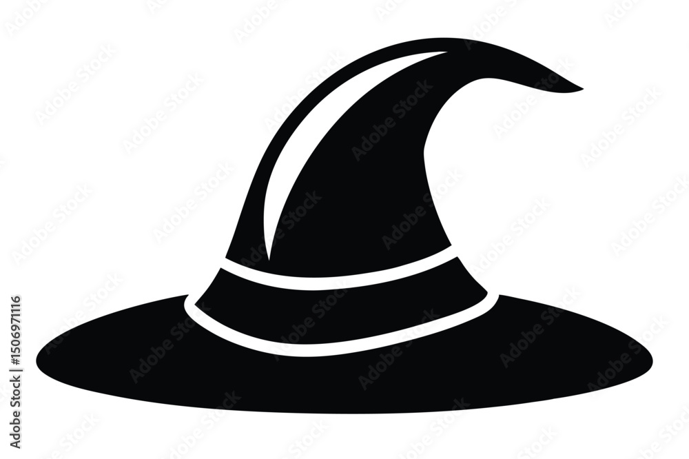 Naklejka premium Black Vector Image of a Classic Witch Hat with Wide Brim and Pointed Top