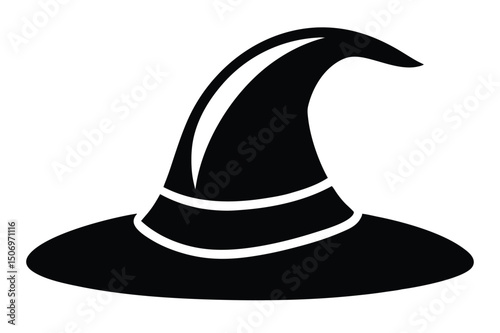 Black Vector Image of a Classic Witch Hat with Wide Brim and Pointed Top