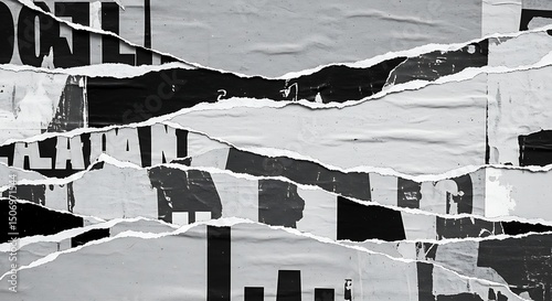 Torn Posters' Texture: A dynamic, textured composition emerges from torn posters, showcasing layers of urban decay in stark black and white, evoking the raw grit of city life.