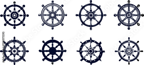 Collection of ship steering wheels isolated on white background