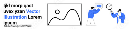Two individuals, one holding a device with a play button, another examining with a magnifier, abstract chart with dot and line. Ideal for teamwork, data, education, technology, content analytics