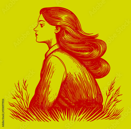 Detailed Engraving of a Young Woman Profile in Nature Scene