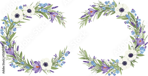 Wreath set consisting of lilies of the valley, anemones, forget-me-nots, crocuses, wild herbs. Watercolor botanical set is suitable for eco-branding, cards, weddings, botanical projects, 