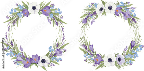 Wreath set consisting of lilies of the valley, anemones, forget-me-nots, crocuses, wild herbs. Watercolor botanical set is suitable for eco-branding, cards, weddings, botanical projects, 