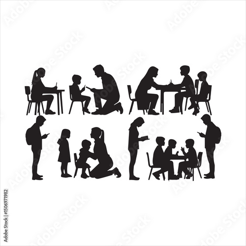  Vector Black and white vector silhouettes of women in various business and educational settings, including presentations, meetings, teaching, and discussions
