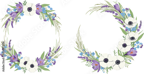 Wreath set consisting of lilies of the valley, anemones, forget-me-nots, crocuses, wild herbs. Watercolor botanical set is suitable for eco-branding, cards, weddings, botanical projects, 