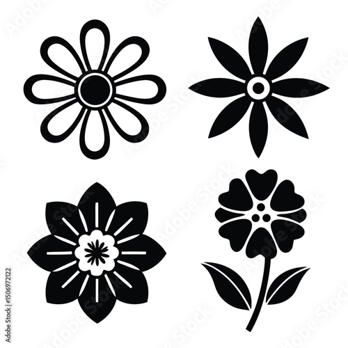 Black and white floral icons set simple flower designs