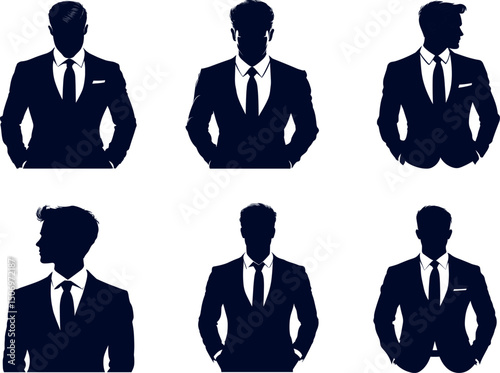 Silhouettes of men in suits isolated on white background