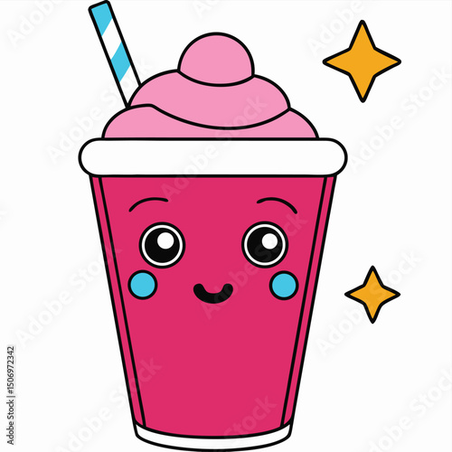 Cute cartoon pink drink with whipped cream and straw