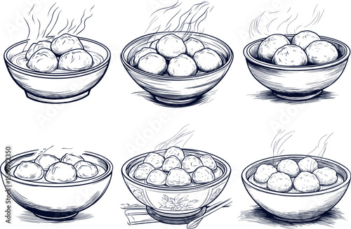 Bowls of dumplings isolated on white background, asian cuisine dish